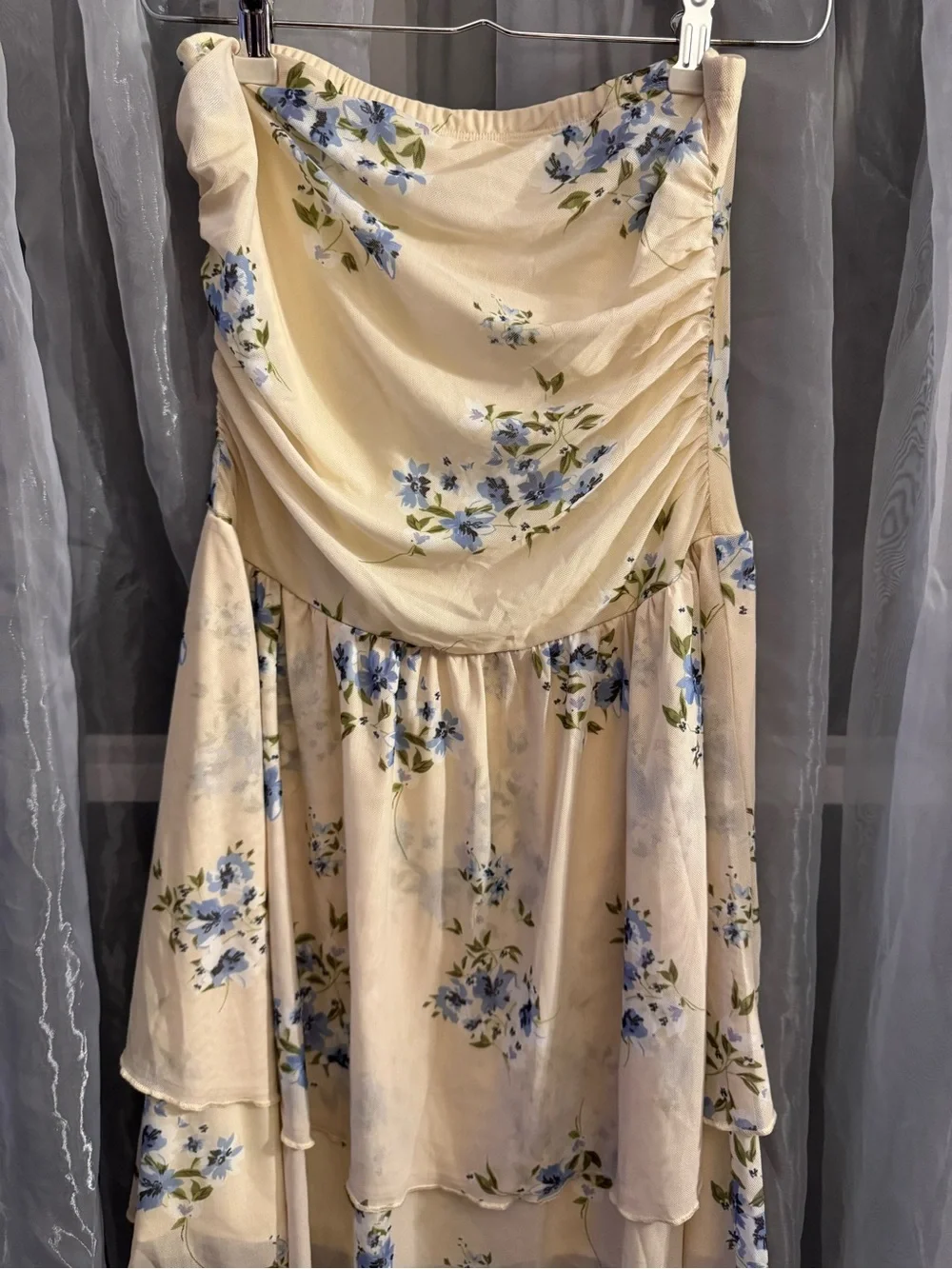 Merokeety Strapless Floral Midi Dress in Cream with Blue Blossoms